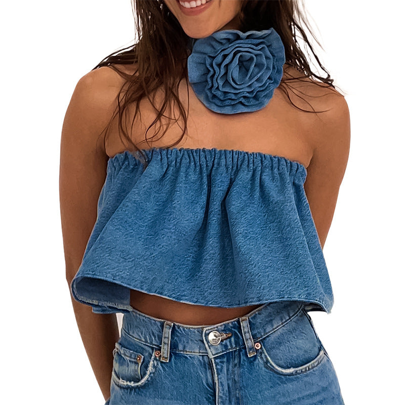 Denim Flower Collar Top With A Bra For Women