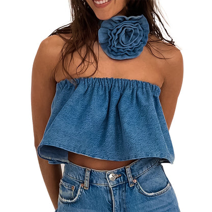 Denim Flower Collar Top With A Bra For Women