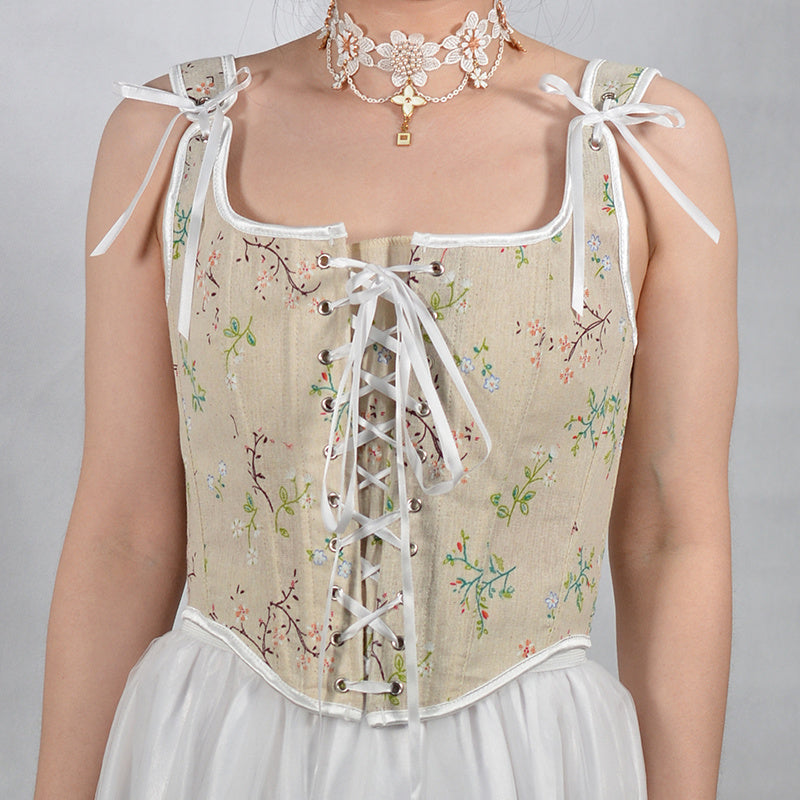 French Small Floral Strap Fishbone Corset Short Vest