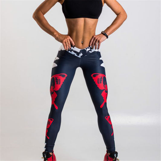 Red Butterfly Print Leggings Women's Sports Yoga Pants