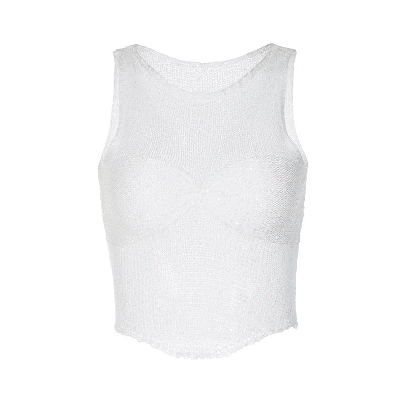 Navel Round Neck Sleeveless Top For Women