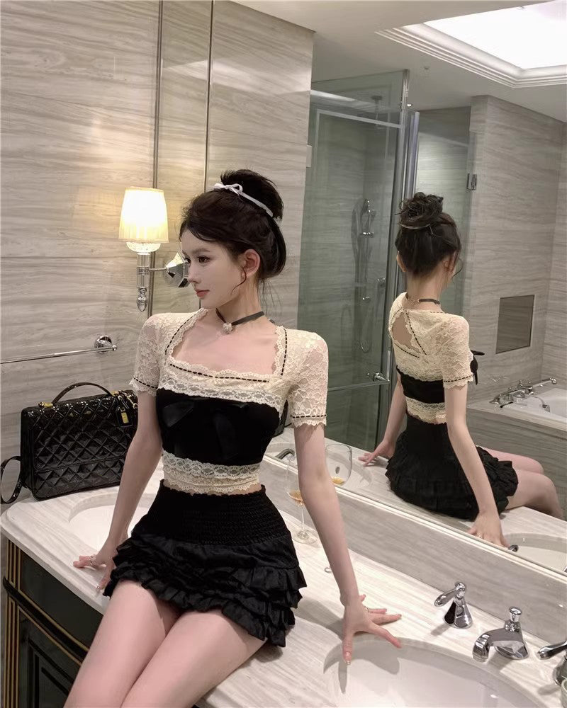 Lace Stitching Heavy Industry Bow Summer French Backless Sexy T-shirt