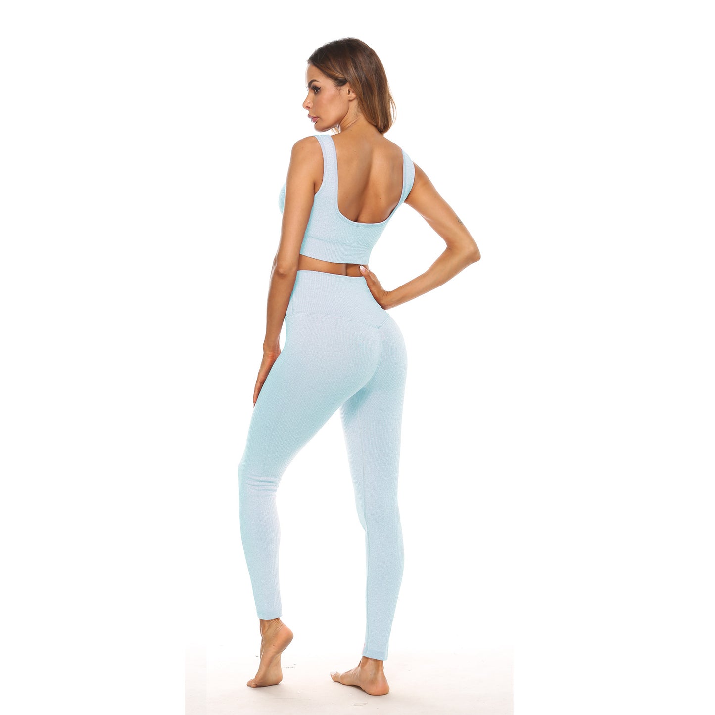 Women's Sports Yoga Wear Suit Vertical Seamless Sexy Bra High Waist Leggings