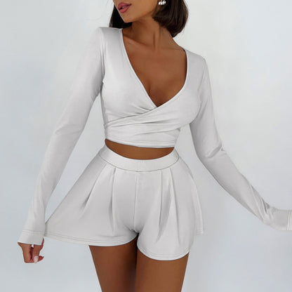 Women's Elegant Slim Fit Deep V Long Sleeve Vest Shorts Set