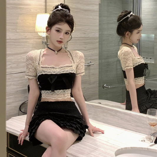 Lace Stitching Heavy Industry Bow Summer French Backless Sexy T-shirt