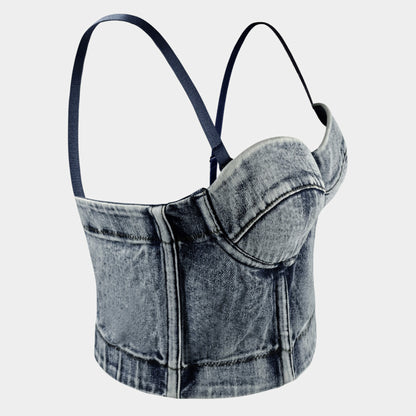 Gray Hanging Dyed American Retro Fishbone Denim Camisole