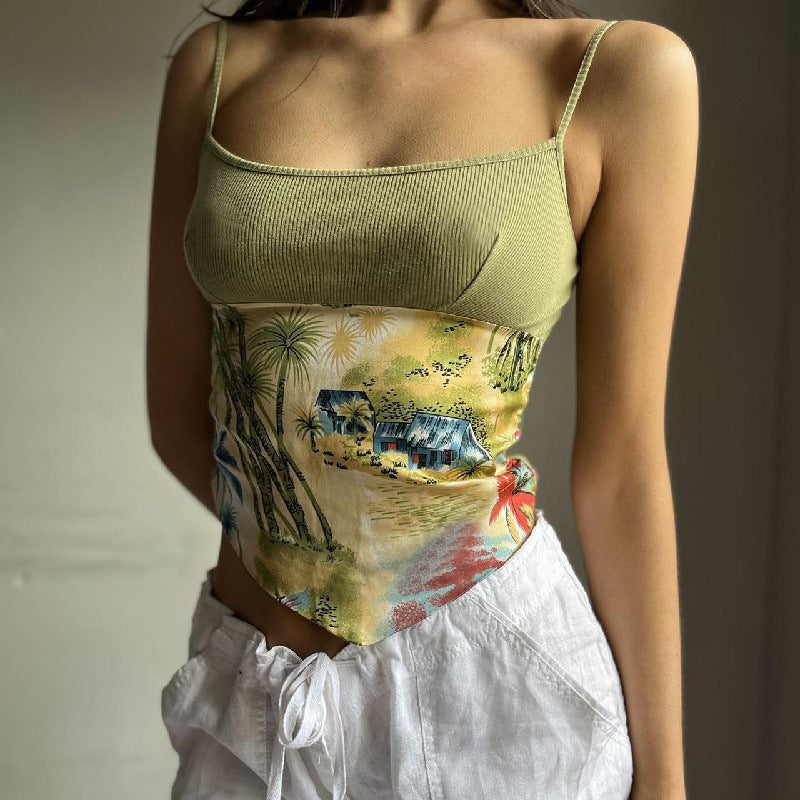 Threaded Landscape Print Irregular Suspender Vest