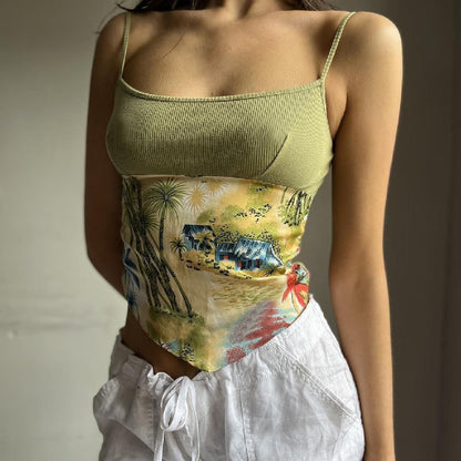 Threaded Landscape Print Irregular Suspender Vest