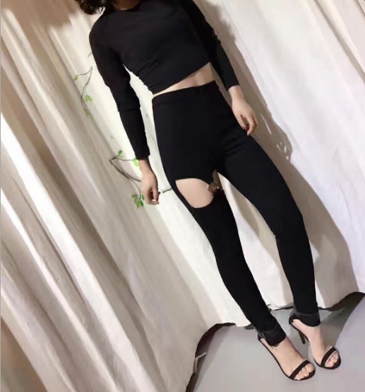 Punk Women Pants Hollow Out Leg Ring High Waist Thin Pencil Pants