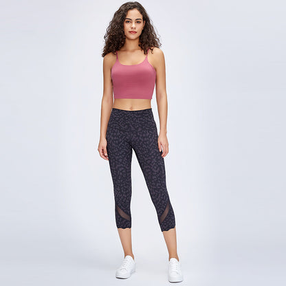 Mesh yarn breathable stretch running yoga suit sports cropped pants