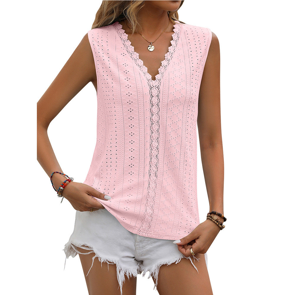 Lace Tops Women V-neck Sleeveless Hollow Out Vest Summer Tank