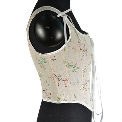 French Small Floral Strap Fishbone Corset Short Vest