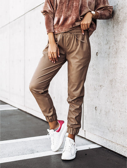 Simple Solid Color Tethered Waist Leggings Slim Leather Pants Women