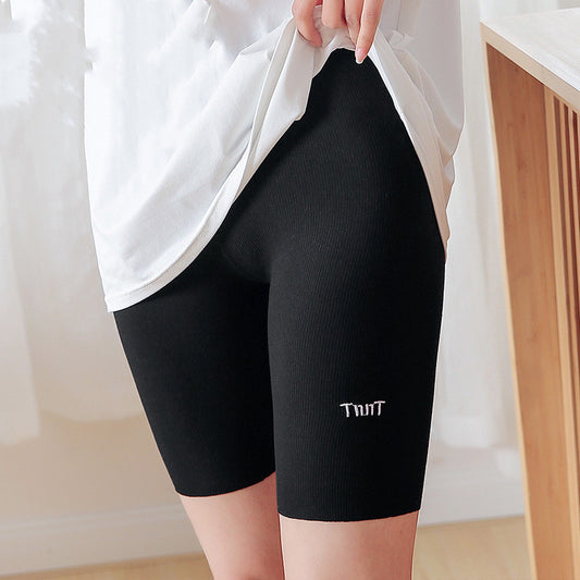 Thin Threaded Five-point Leggings Women's Outer Wear High Waist Elastic