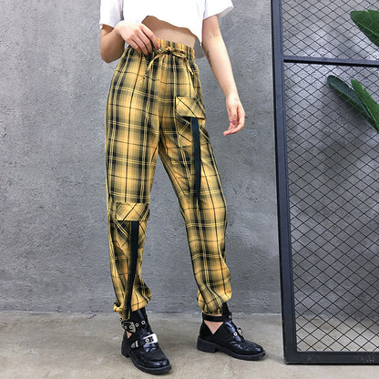 Street Style Plaid Cargo Pants Women Elastic High Waist Baggy Jogger