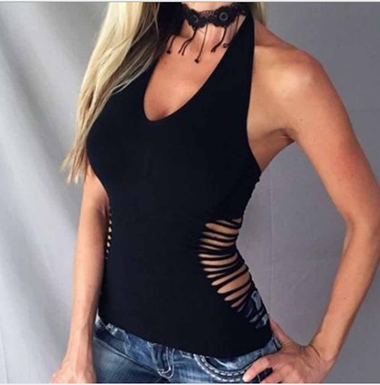 Women Black V-neck Side Cut Out Halter Sexy Camis Hollow Out