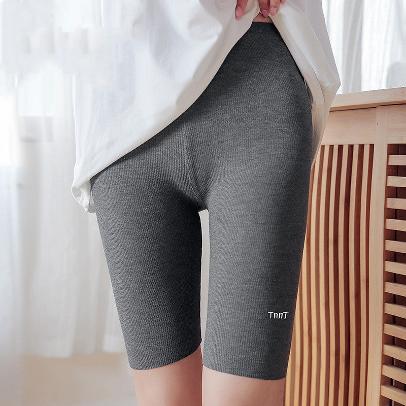 Thin Threaded Five-point Leggings Women's Outer Wear High Waist Elastic