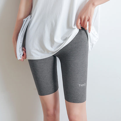 Thin Threaded Five-point Leggings Women's Outer Wear High Waist Elastic