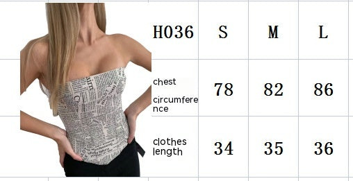 Women's Summer Off-shoulder Newspaper Printing Irregular Waist Tube Top