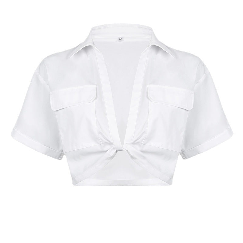 Short Cropped Cropped Twisted Solid Color Polo Collar Shirt