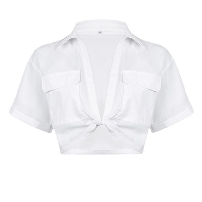 Short Cropped Cropped Twisted Solid Color Polo Collar Shirt