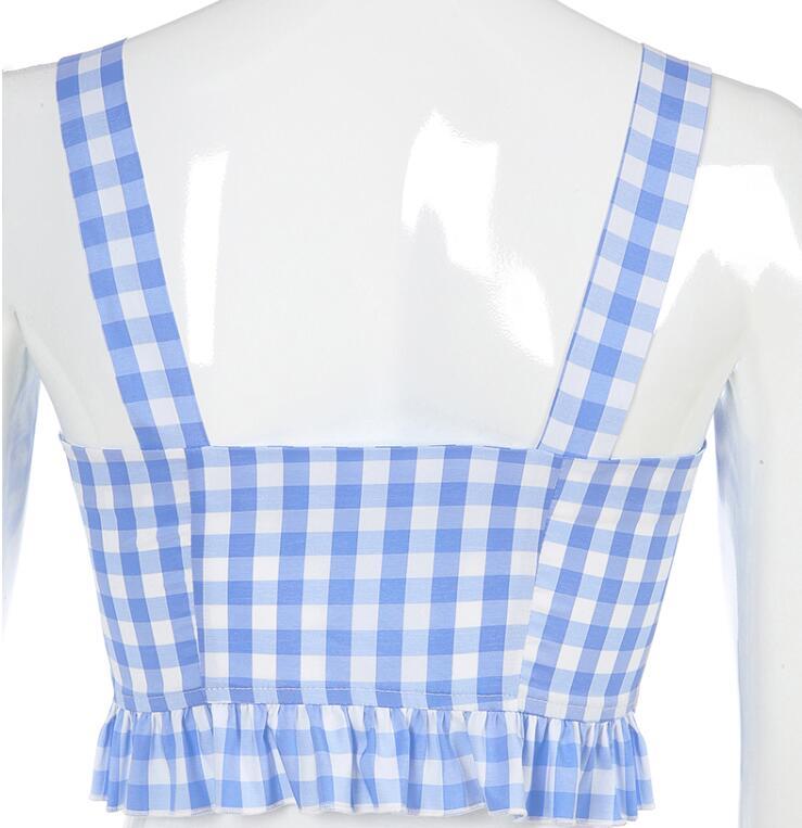 Blue plaid cherry embroidered camisole lace crop top