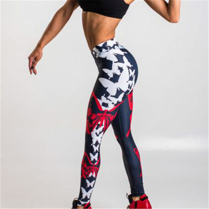 Red Butterfly Print Leggings Women's Sports Yoga Pants