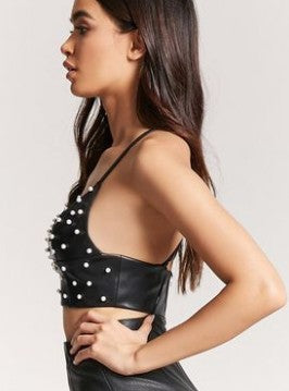 Simplee Pu leather pearl crop top women Strap backless