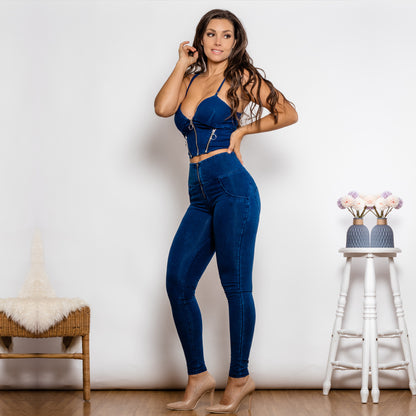 Shascullfites Shaper Set Dark Blue Jeans Set Zipper Tanks Crop Top