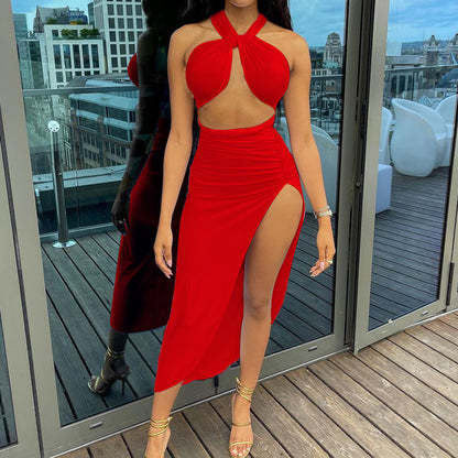 Women's Halter Backless Slit Skirt Two-piece Suit