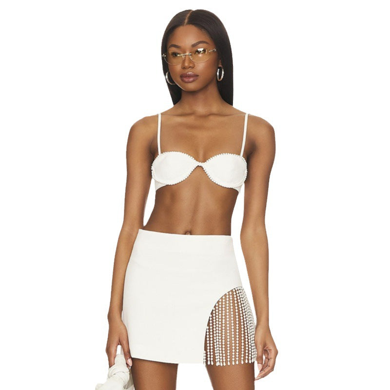 Women's Bandage Dress Pearl Tassel Ultra Short Two-piece Set