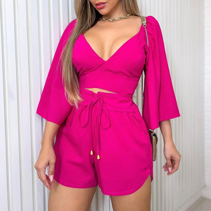 Women's Fashion V-neck Flared Sleeves Shirt High Waist Shorts Suit