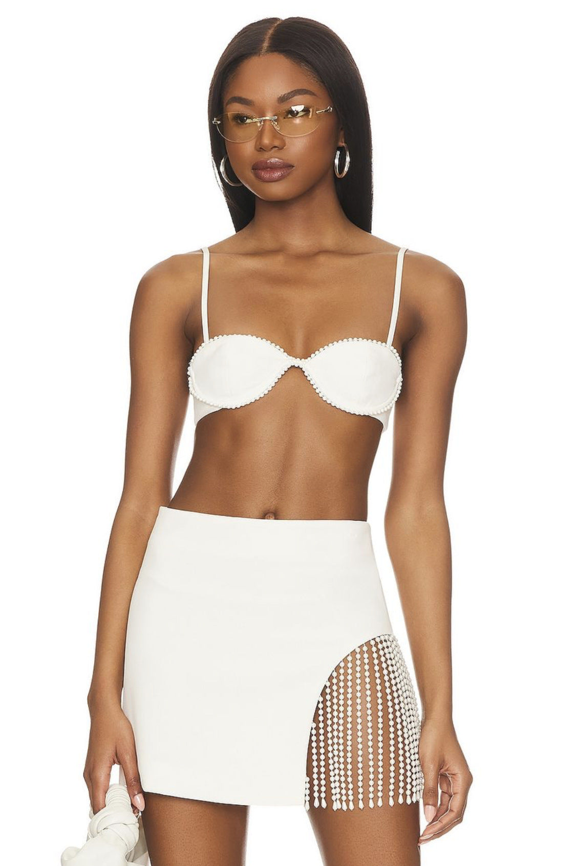 Women's Bandage Dress Pearl Tassel Ultra Short Two-piece Set