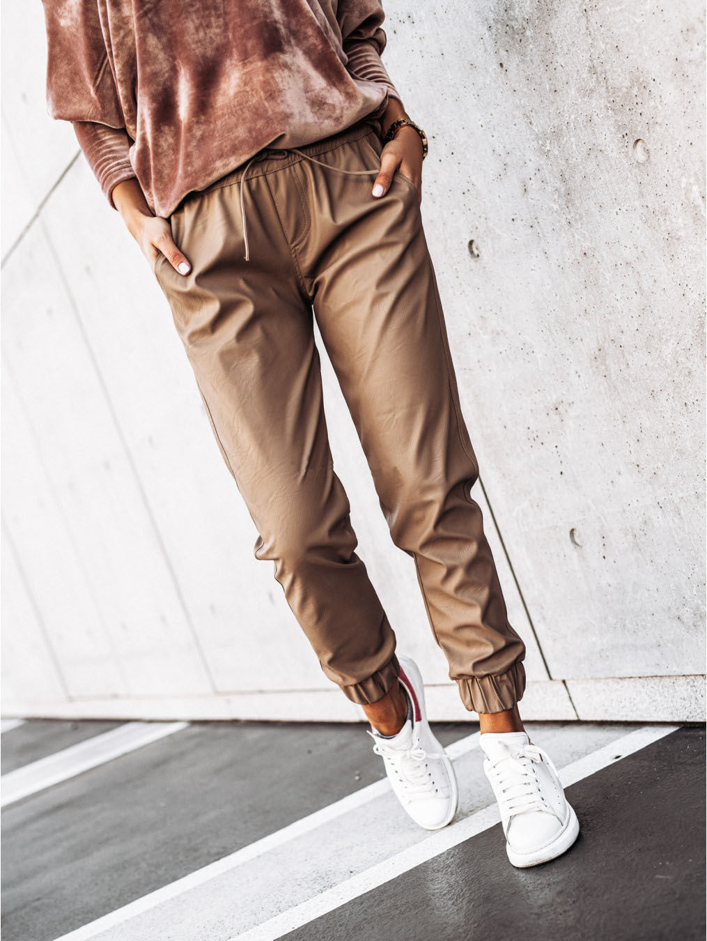 Simple Solid Color Tethered Waist Leggings Slim Leather Pants Women