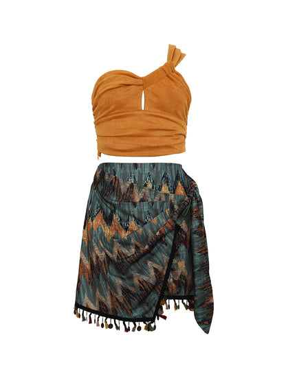 Women's Retro Oblique Shoulder Strap Vest Ethnic Print Short Skirt Two-piece Set