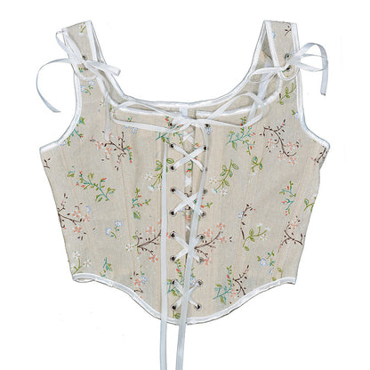 French Small Floral Strap Fishbone Corset Short Vest