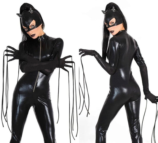 Women Black Patent Leather Catgirl Bodysuit