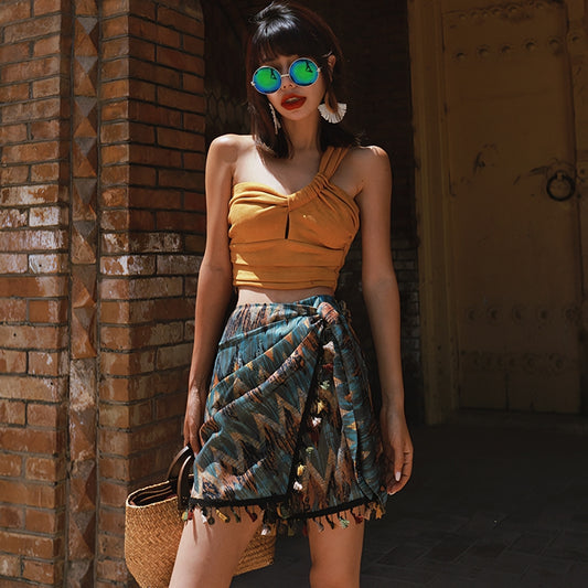 Women's Retro Oblique Shoulder Strap Vest Ethnic Print Short Skirt Two-piece Set