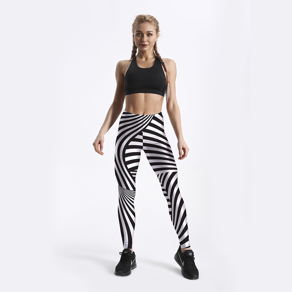 Spring New Black And White Striped Printed Ladies Slim Fit Leggings