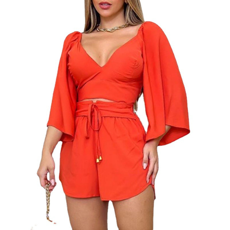 Women's Fashion V-neck Flared Sleeves Shirt High Waist Shorts Suit