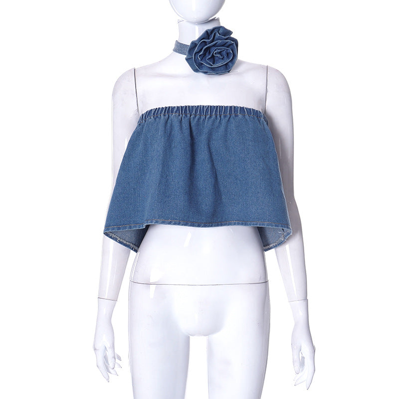 Denim Flower Collar Top With A Bra For Women