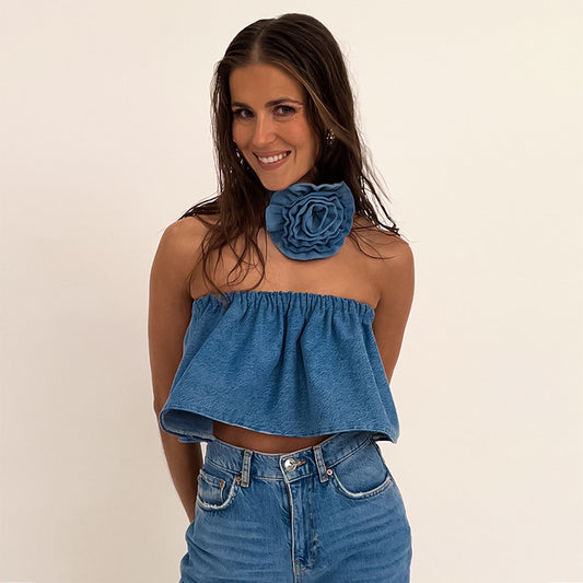 Denim Flower Collar Top With A Bra For Women