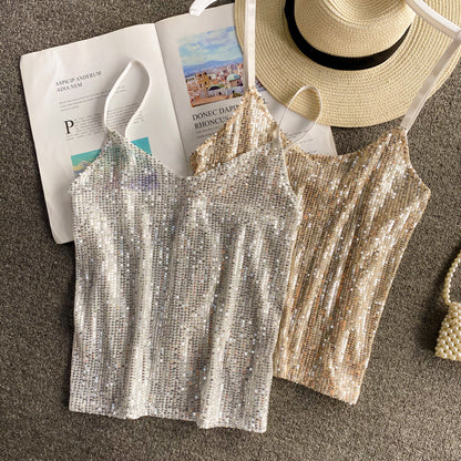 Short Sequined Camisole Top With Inner Base