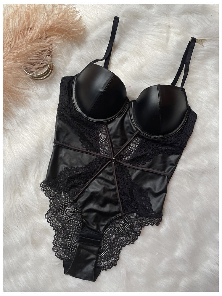 Women's Simple Leather Sexy Lace Bodysuit