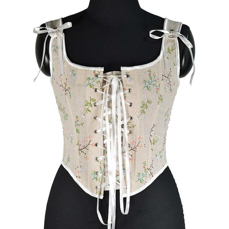 French Small Floral Strap Fishbone Corset Short Vest