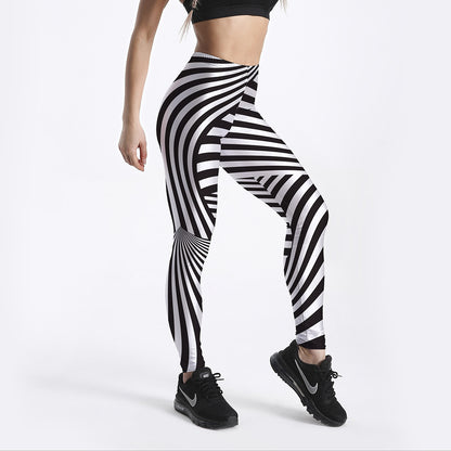 Spring New Black And White Striped Printed Ladies Slim Fit Leggings