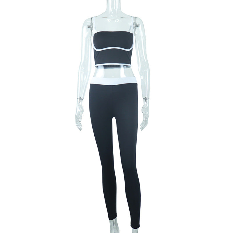 Black And White Color Contrast Suspender Top Exercise Leggings