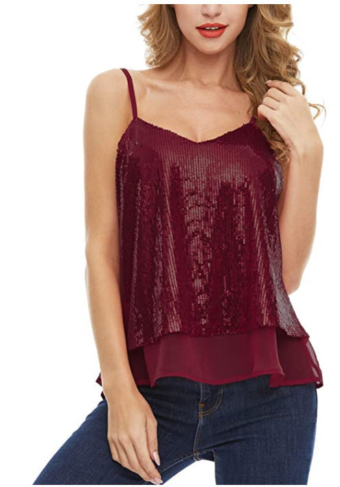 Sequin V-Neck Camisole Cropped Loose Top