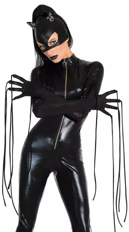 Women Black Patent Leather Catgirl Bodysuit