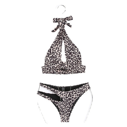 Fashion Split Swimsuit Women's Sexy Leopard Print Hollow Bandage Bikini